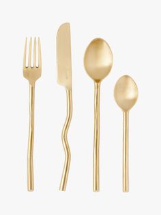 Hand-cast matte brass flatware set with wavy handles.