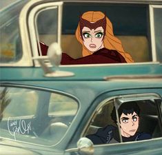 two people sitting in the back seat of an old car, one with green eyes