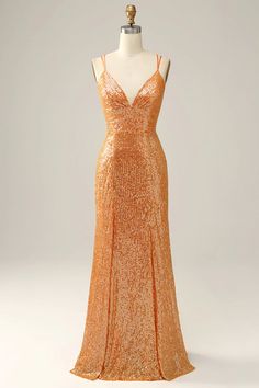 Orange Sparkly Prom Dress, V-neck Mermaid Dress For Banquet Prom Season, V-neck Mermaid Dress For Prom Season Banquet, Fitted Champagne Gown For Banquet, Champagne Mermaid Dress With Sweep Train For Banquet, Mermaid Hem Bridesmaid Dress For Wedding And Prom Season, Champagne Mermaid Dress With Fitted Bodice, Champagne Floor-length Mermaid Dress With Fitted Bodice, Backless Mermaid Evening Dress For Prom