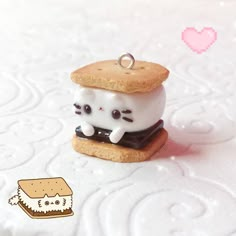 a small white cat sitting on top of a piece of bread next to a cookie