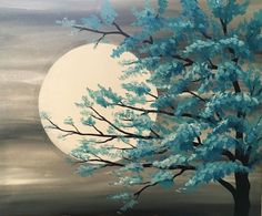 a painting of a blue tree with the moon in the background