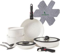 an assortment of cookware and utensils on a white background with the words rosetto written in black