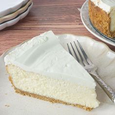 a slice of cheesecake on a plate with a fork