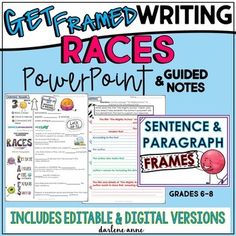 a poster with the words get - framed writing races powerpoint and notes