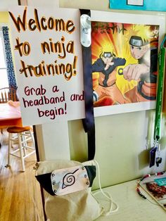 there is a sign that says welcome to ninja training grab a headband and begin