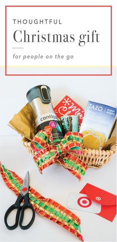 a christmas gift basket with scissors and other items on the table next to it is text that reads, thoughtful christmas gift for people on the go