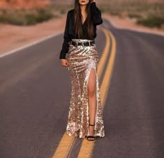 The Selena Maxi Skirt Rodeo Back Number, Long Dress With Boots, Sequin Skirt Outfits, Rose Gold Sequin Skirt, Rodeo Queen Clothes, Sequin Skirt Outfit, Sequin Maxi Skirt, Gold Sequin Skirt