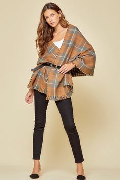 We love subtle colors like this shawl! Double sided shawl that can be worn as a shawl and a scarf. We love this look with a belt! Peplum Top, Shawl, Kimono Top, Love This, Bell Sleeve Top, Double Sided, Tunic Tops, Dress Up, Women's Top