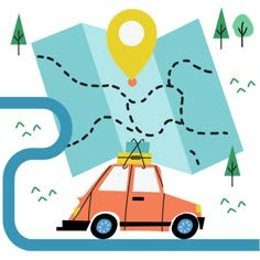 an orange car with a map on top and a yellow pin pointing to the location