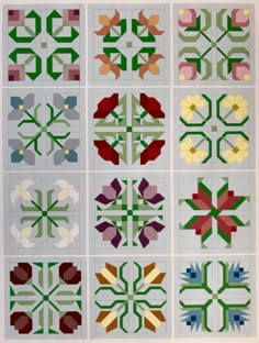 nine quilt blocks with different designs on them, each in different colors and sizes to choose from