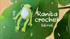 a crocheted frog sitting on top of a green leaf next to the words ranita crochet