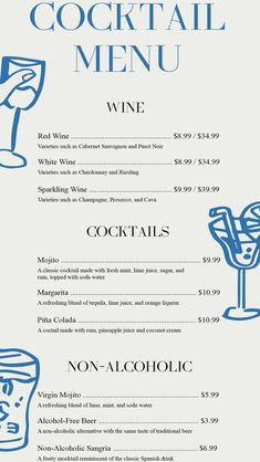 a menu for a cocktail bar with drinks on the side and prices in blue ink