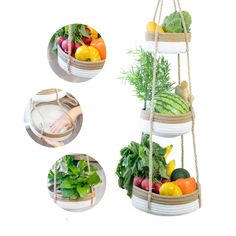 three tiered hanging basket filled with fresh fruits and vegetables