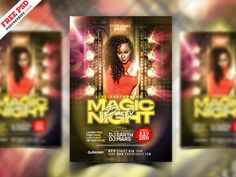 the magic night flyer is shown with an image of a woman in a red dress