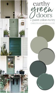 A green front door can be a beautiful way to welcome guests to your home. Here’s some of the best green paint colors to sample and beautiful inspiration images for your exterior design dreaming! Front House Exterior Ideas, Exterior Sage Green Paint Colors, Green And White Cottage Exterior, Green Front Door Stone House, Sage Green French Doors, Gray Green House Paint Exterior, Painted Front Door On Brick House, Craftsman Front Door Color