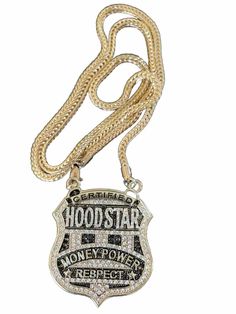 Brand New HOODSTAR Gold color, last one....3” Pendant w/36” Chain NEW-Gangsta Money Power Respect. Full Size Badge Street Pendant LAB Piece from theblackbat.com NEW with all official tags... Money Power Respect, 3 In One, Last One, Gold Color, Lab, Money, Brand New, Chain, Tags