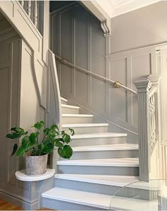 there is a potted plant sitting on the table next to the stairs in this house