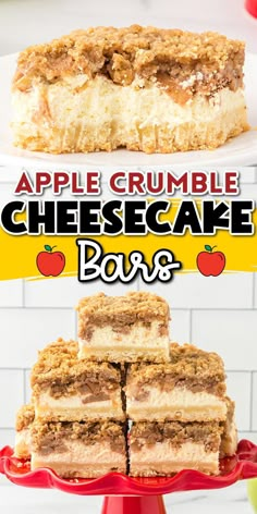 an apple crumble cheesecake box is stacked on a red cake stand with the words, apples crumble cheesecake box below it