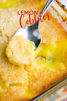 a close up of a spoon in a casserole dish with lemon cobbler