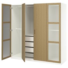 an open closet with two doors and three drawers on each side, showing the interior