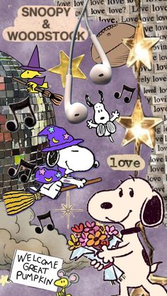 snoopy and his friends are dancing in front of a disco ball with music notes