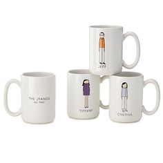 five coffee mugs with different types of women's clothing on them, one is white and the other is blue