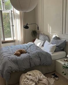 a dog laying on top of a bed in a bedroom next to a large window