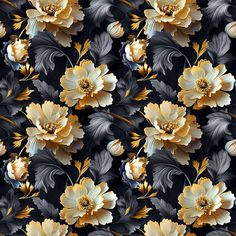 a black and yellow flower pattern with leaves