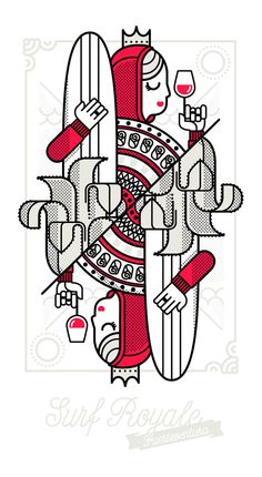 a drawing of a person holding a surfboard in front of a red and white background