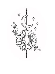 a black and white drawing of a sunflower with the moon in the middle, on a white background