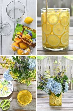 lemons and blue hydrangeas are arranged in glass vases