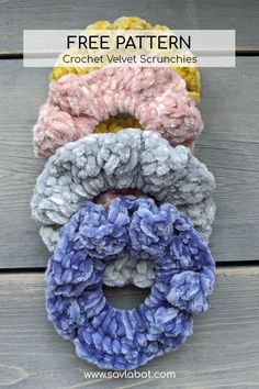 four crochet velvet scrunches are shown on a wooden surface with text overlay that says free pattern