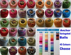 You are buying 20 ANCHOR Pearl  Variegated Cotton Crochet Embroidery Thread Balls . Anchor JP Coats Perle Cotton Crochet Yarn Hardanger Thread 85 meter each Ball size No.8  How to order ? > Buy it and send shade number in message / seller note /  PayPal message (please see Pictures for shade numbers / Colours ) Please Choose Shade numbers from pictures and send  Shade numbers for 20 balls in message. You will receive 20 balls of Anchor brand by JP Coats Free Shipping worldwide like UK, USA, AUSTRALIA, EUROPE , FRANCE, SWEDEN, SWITZERLAND, ITALY SPAIN ,  ETC  Anchor Pearl Cotton Balls Size No: 8  Qty :      10 grams each ball, 85 Meters Approx in each ball.               Fast Colours                100% Cotton Brand:    J & P Coats  Colour:   44 Colours please choose shade numbers and send Anchor Threads, Shade Card, Perle Cotton, Dmc Embroidery, Redwork Embroidery, Love Embroidery, Embroidery Threads, Crochet Thread, Needle Embroidery