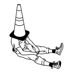 a black and white drawing of a person laying on the ground wearing a traffic cone hat