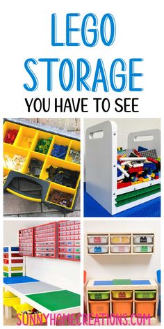 Top says "LEGO storage you have to see" bottom has a collage of 4 ideas. Toolbox Lego Organizer, Storage Ideas For Kids, Storage And Organization Ideas, Lego Head