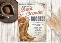 a cowboy hat and boots are next to a sign that says boot scoolin boogie