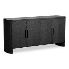 a black cabinet with three doors and two drawers on one side, in front of a white background