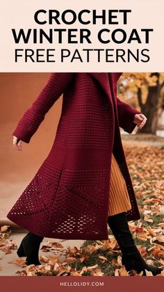 a woman in a red coat is walking through leaves with text overlay that reads crochet winter coat free patterns