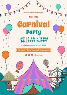 the carnival party poster with balloons and ferris wheel