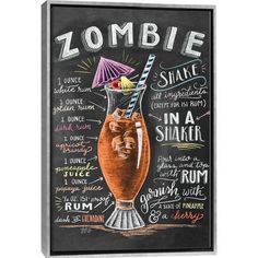 a chalkboard sign with an image of a drink and the words zombie on it