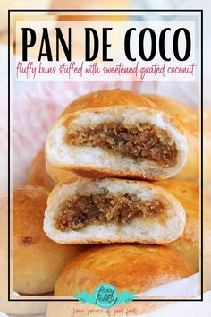 a close up of some bread on a plate with the words pan de coco above it