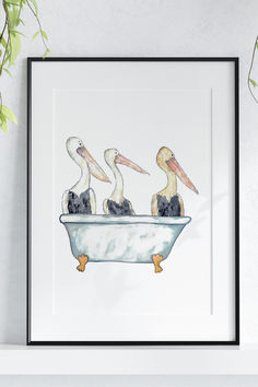 pelican bathroom wall art Watercolor Bathroom Art, Bathroom Watercolor Art, Bathroom Animal Art, Animals In Tub Art, Funny Animal Bathroom Art, Minimal Decor, Bathroom Wall Art, Under The Sea, Painting Prints