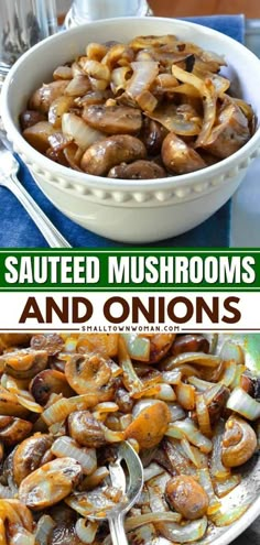 sauteed mushrooms and onions in a white bowl on a blue table with silverware