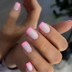 Hot Pink French Manicure Glossy Short Square Press-On Nails - Includes 24 Press-On Nails In 12 Sizes For The Perfect Fit! High Quality. Durable. Easy To Apply & Remove. Pink French Manicure, Light Colored Nails, Colored Nail Tips, Nails Yellow, Coffin Press On Nails, Get Nails, Stick On Nails