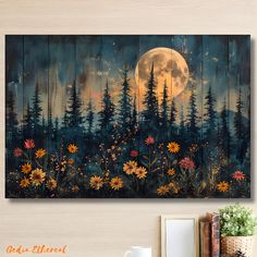 a painting on a wall with flowers and trees in the foreground, under a full moon