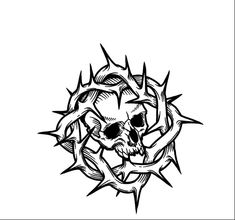 a black and white drawing of a skull surrounded by thorns