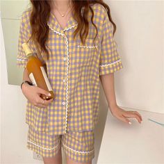 Piyama Korea, Short Night Dress, Check Tops, Pajama Outfits, Gingham Shirt, Plaid Top