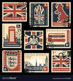 postage stamps with the image of british cities and flags on them, all printed in different colors