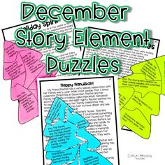 the december story element puzzles are shown in green, pink and blue paper with words on them