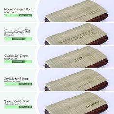 four different types of wooden knives with names and numbers on the blades in each one